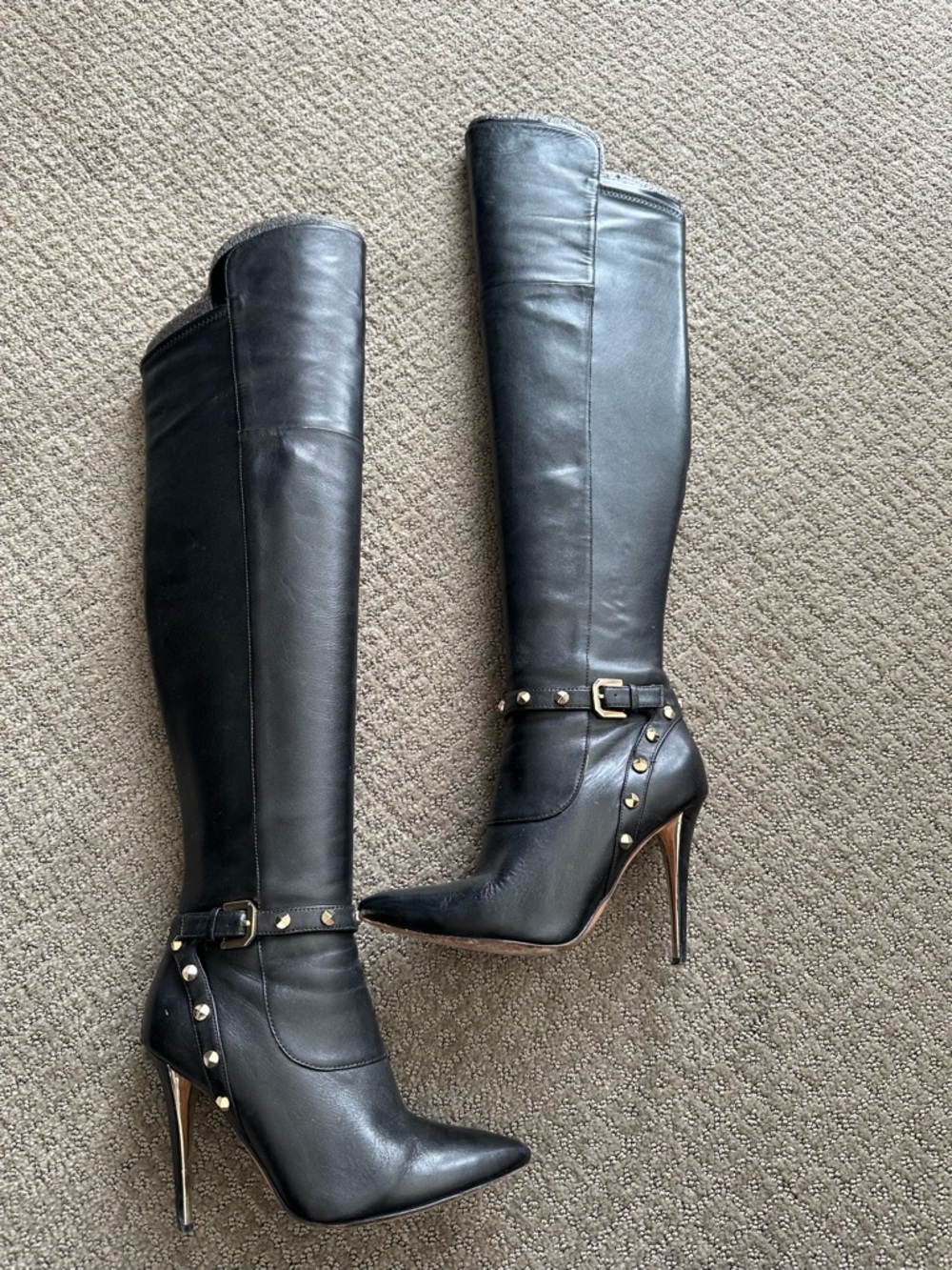 Marciano Black Leather Over-the-Knee Stiletto Boots with Studded Strap